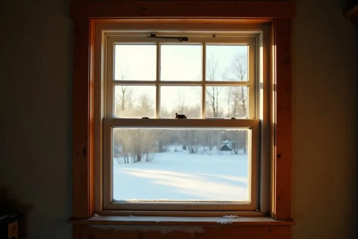 Sunny window in a farmhouse in winter