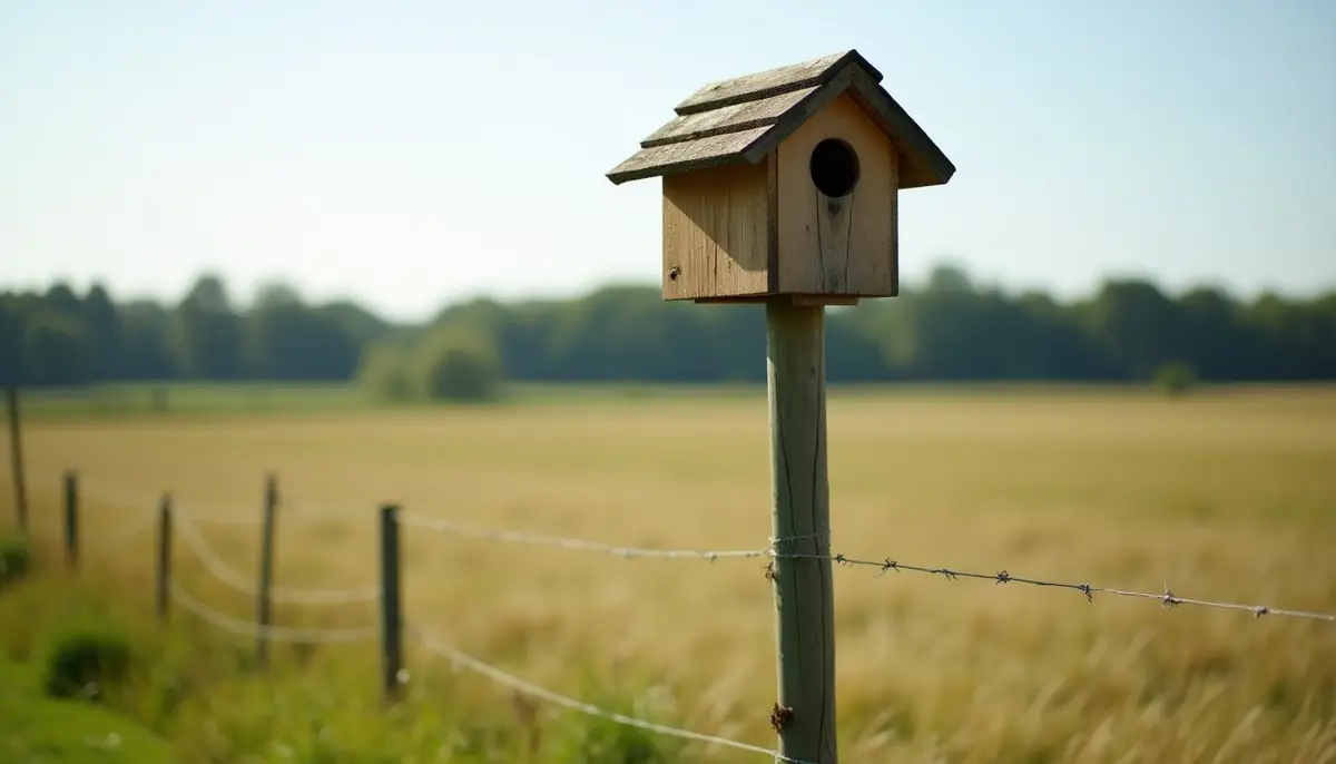 Wooden barn owl nest box on a pole at the edge of a field