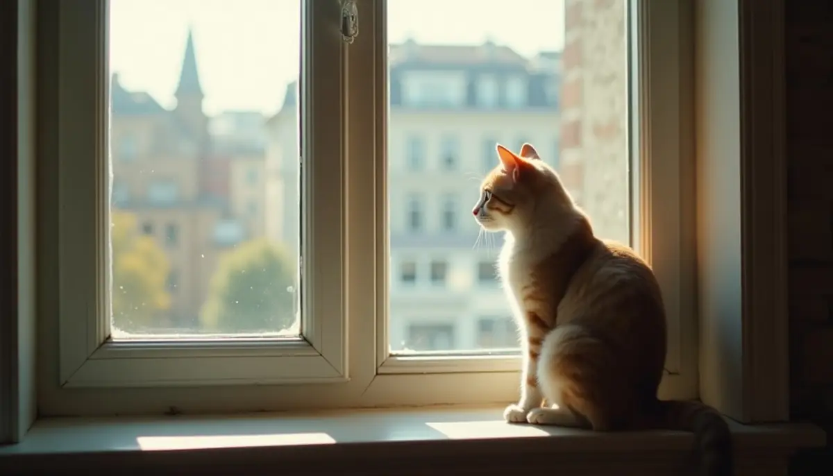 House cat sitting on a windowsill looking out