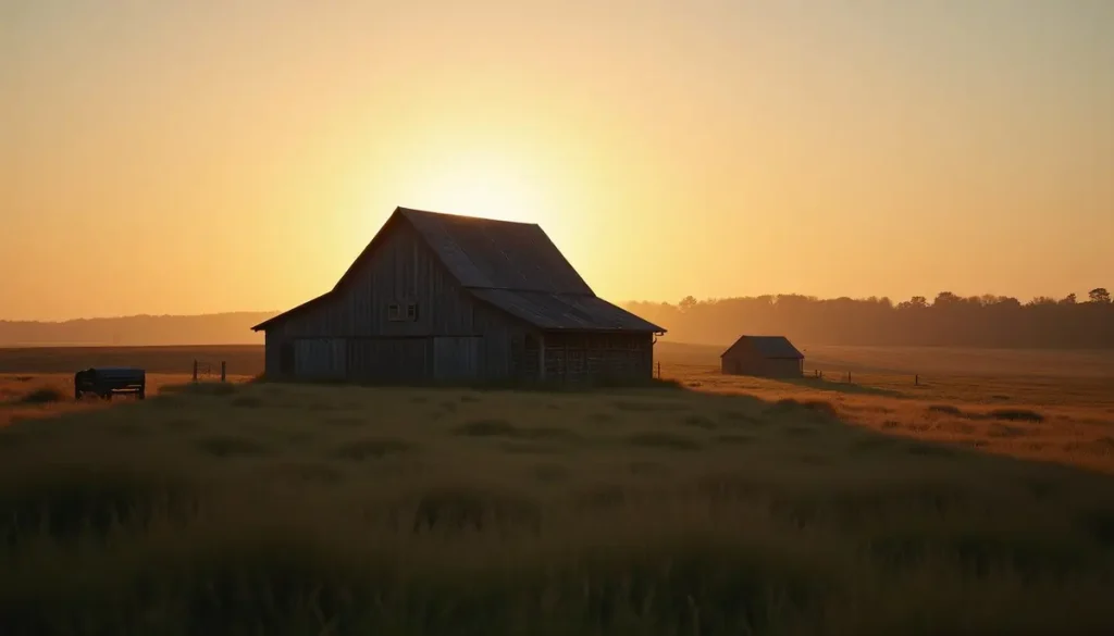 Barn and field at dusk