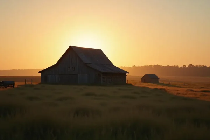 Barn and field at dusk