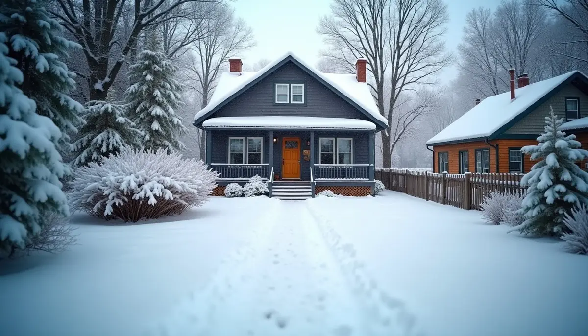 Snow-covered garden with a house behind