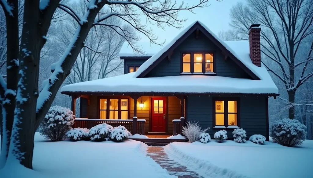 House exterior in snow with warm lit windows