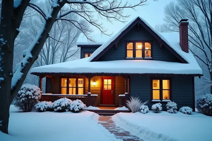 House exterior in snow with warm lit windows