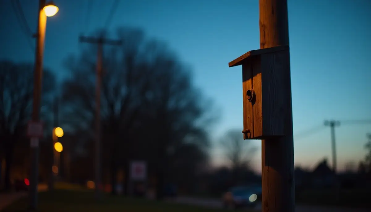 Bat house mounted on a pole at dusk