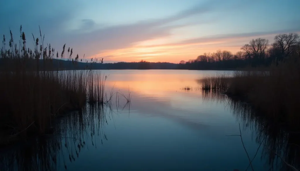 Pond at dusk with reeds