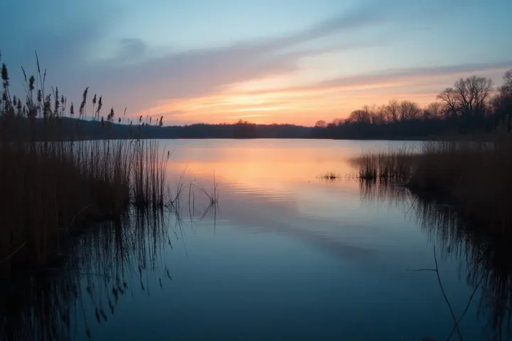Pond at dusk with reeds