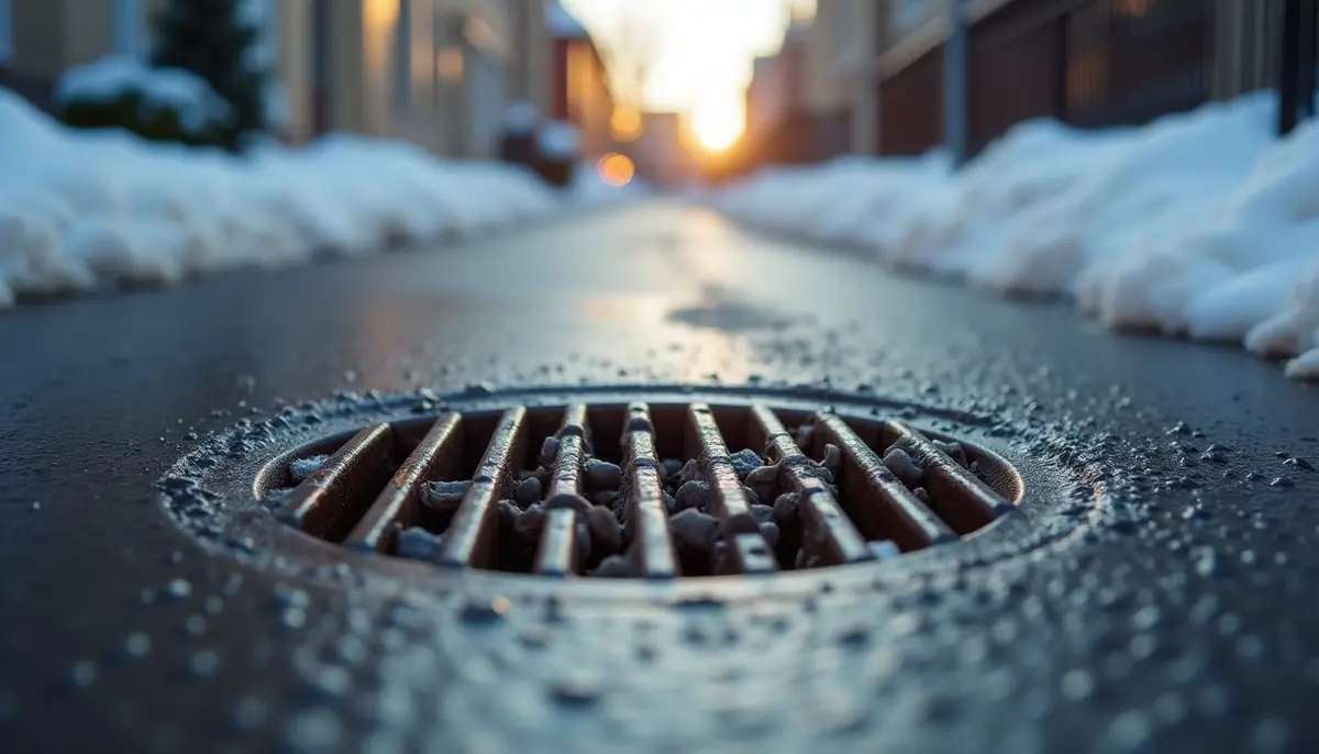 Storm drain grate in a street in winter