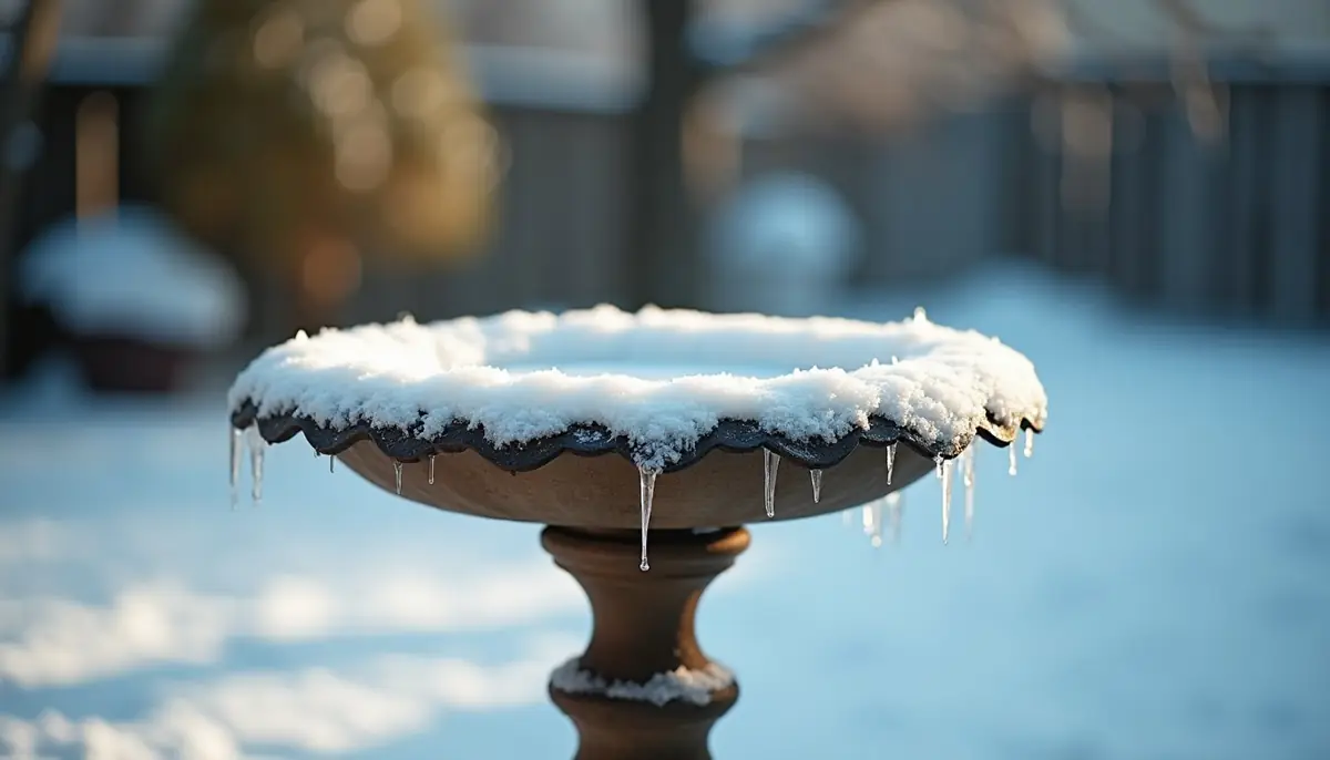 Frozen bird bath in a garden
