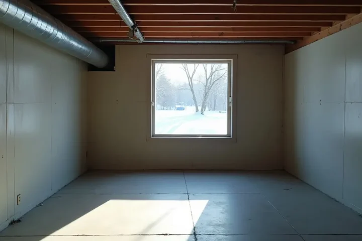 Basement with a small window in winter