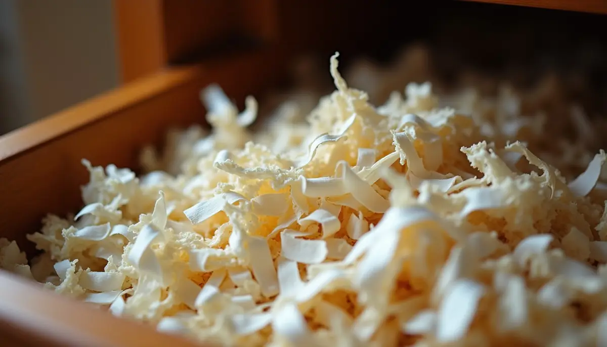 Shredded paper and fibres packed into the back of a drawer