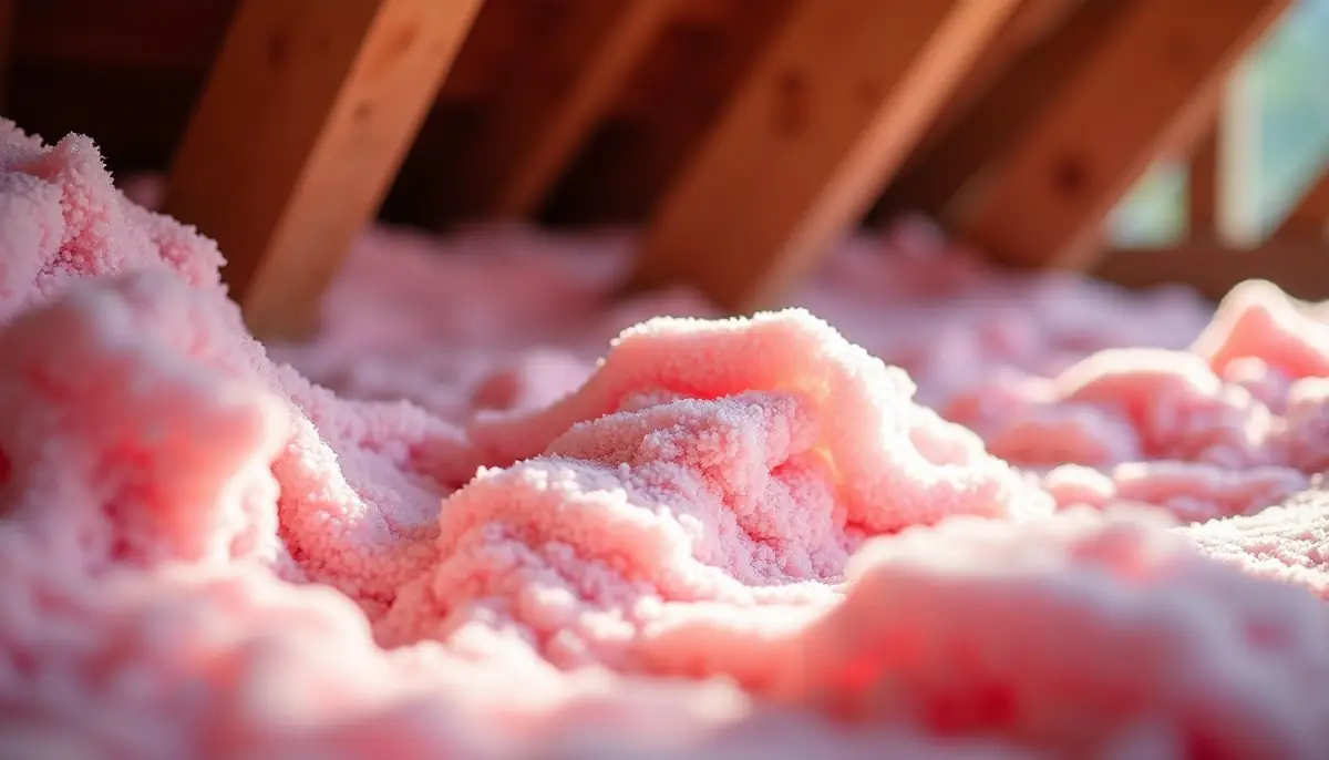 Pink insulation pulled loose in an attic corner