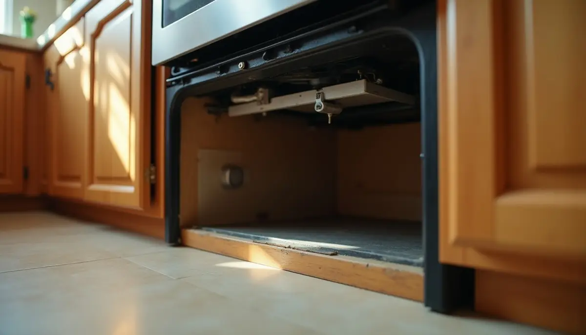 Space under a kitchen stove with the kick plate removed