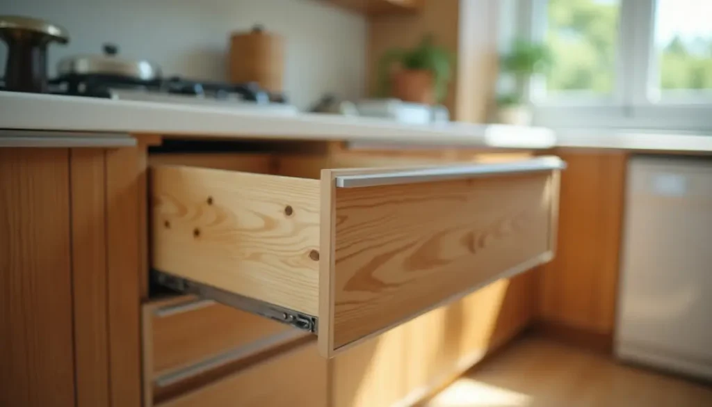 Open kitchen drawer at the back of a cabinet