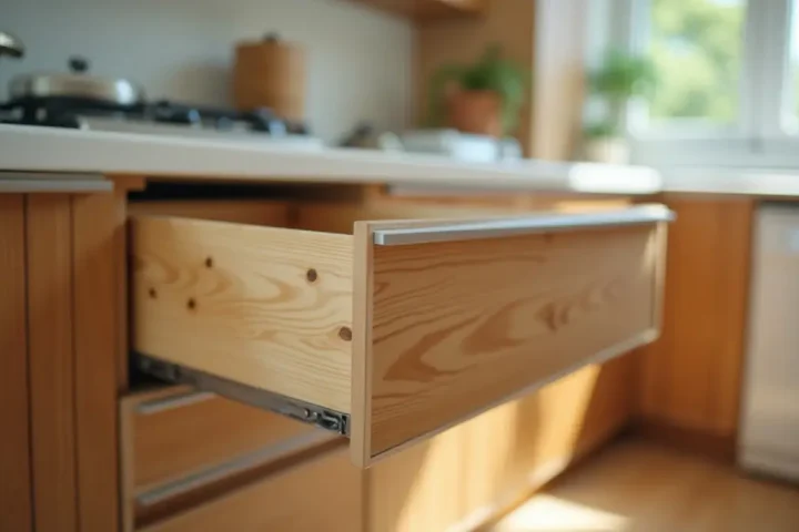 Open kitchen drawer at the back of a cabinet