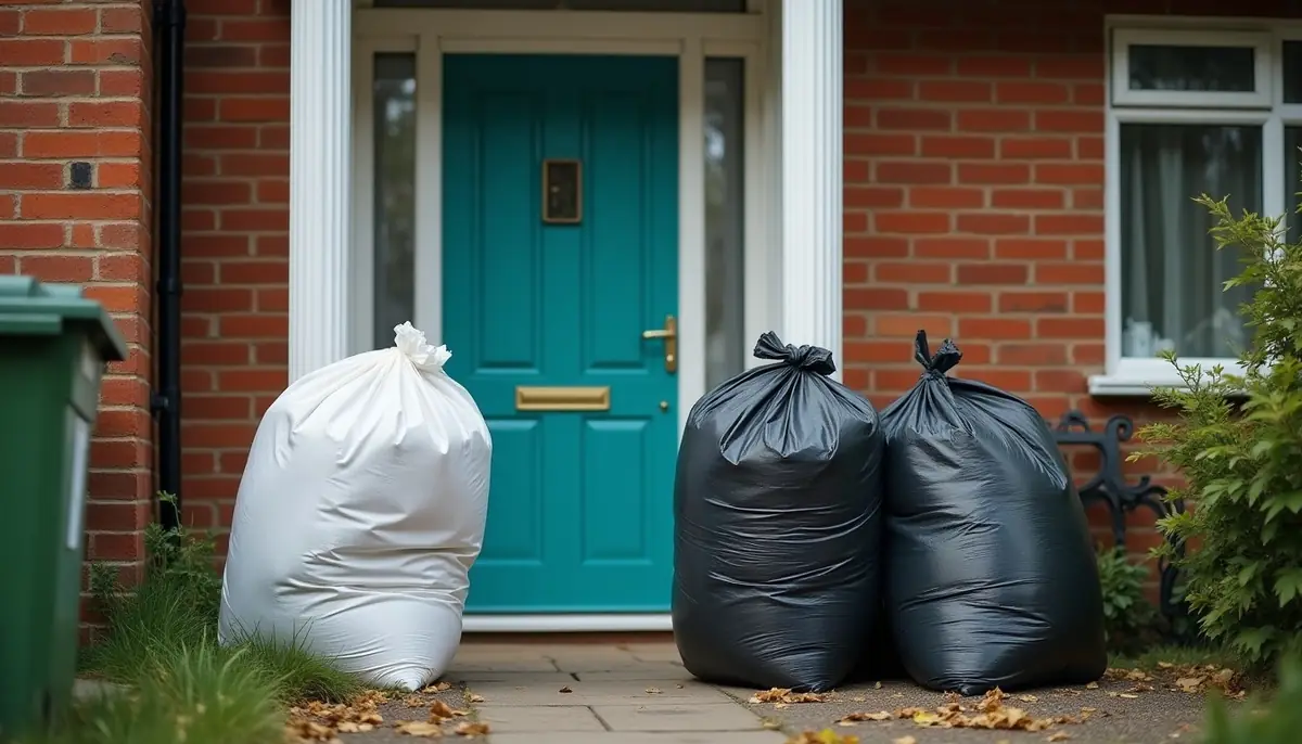 Rubbish bags split open beside a back door