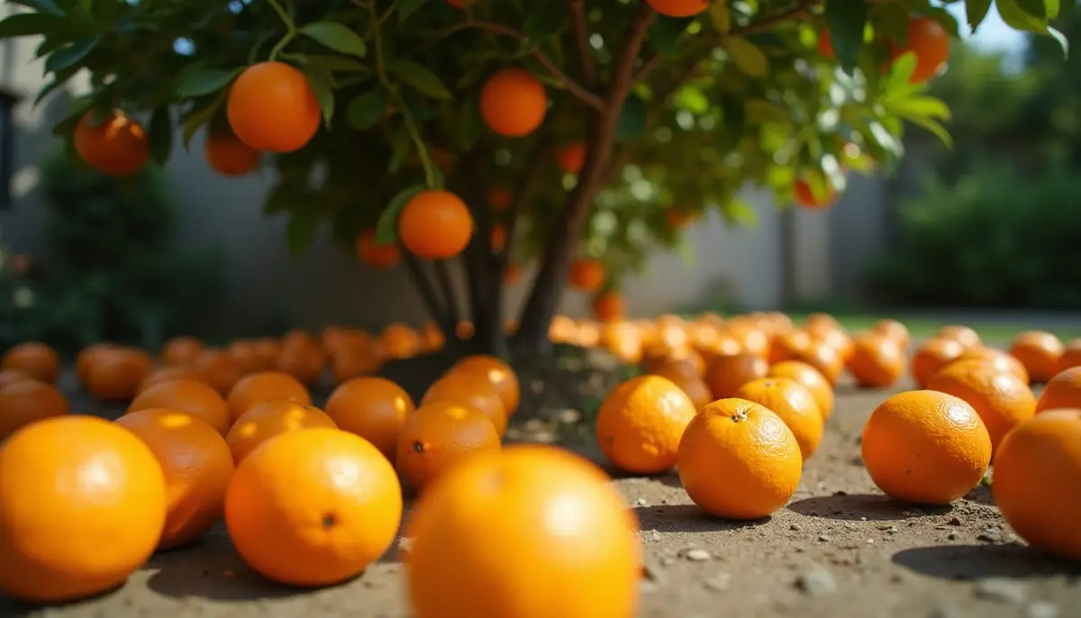 Fallen oranges under a backyard citrus tree