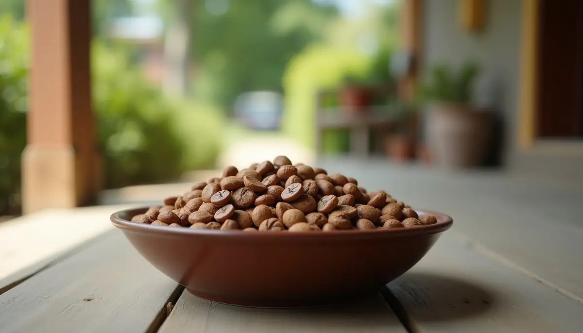 Bowl of dry dog food on a porch