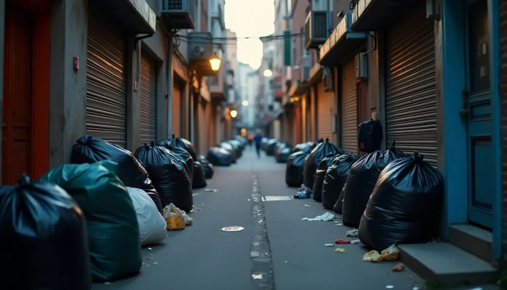 City back alley with rubbish bags at dusk