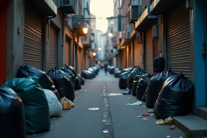 City back alley with rubbish bags at dusk