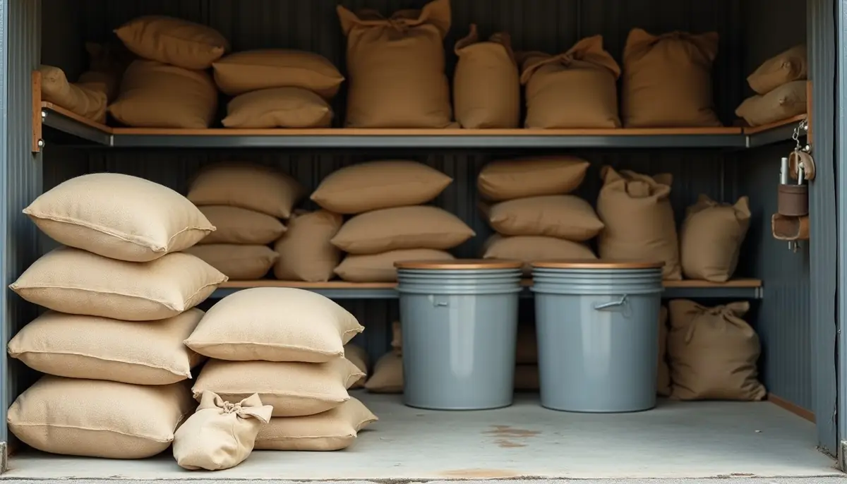 Garage shelves with sacks of grain and a storage bin