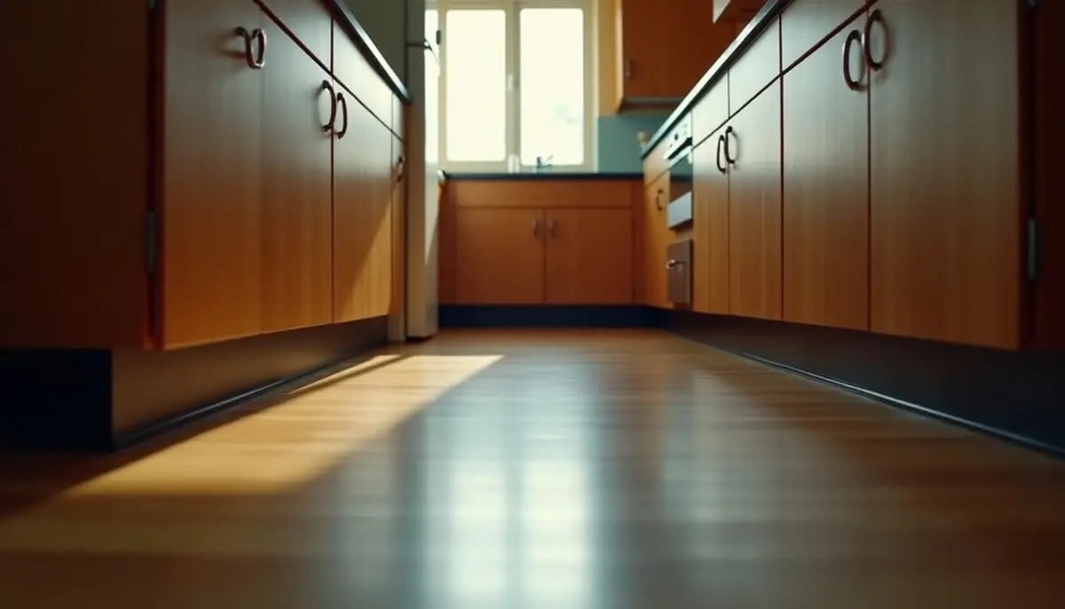 Kitchen floor along cabinets at night