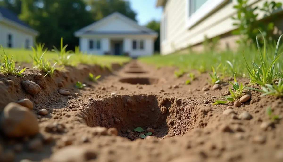Burrow holes in bare soil along a house foundation