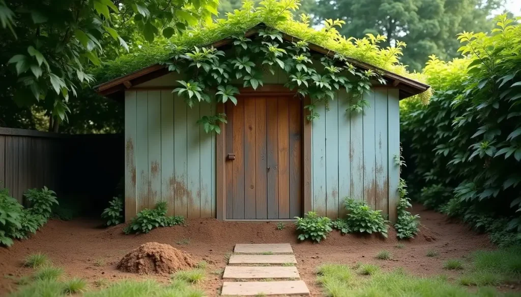 Garden shed and foundation with soil and ivy