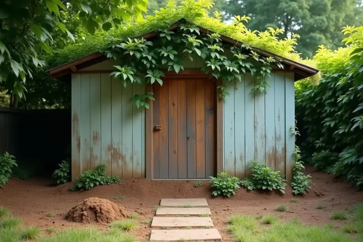 Garden shed and foundation with soil and ivy