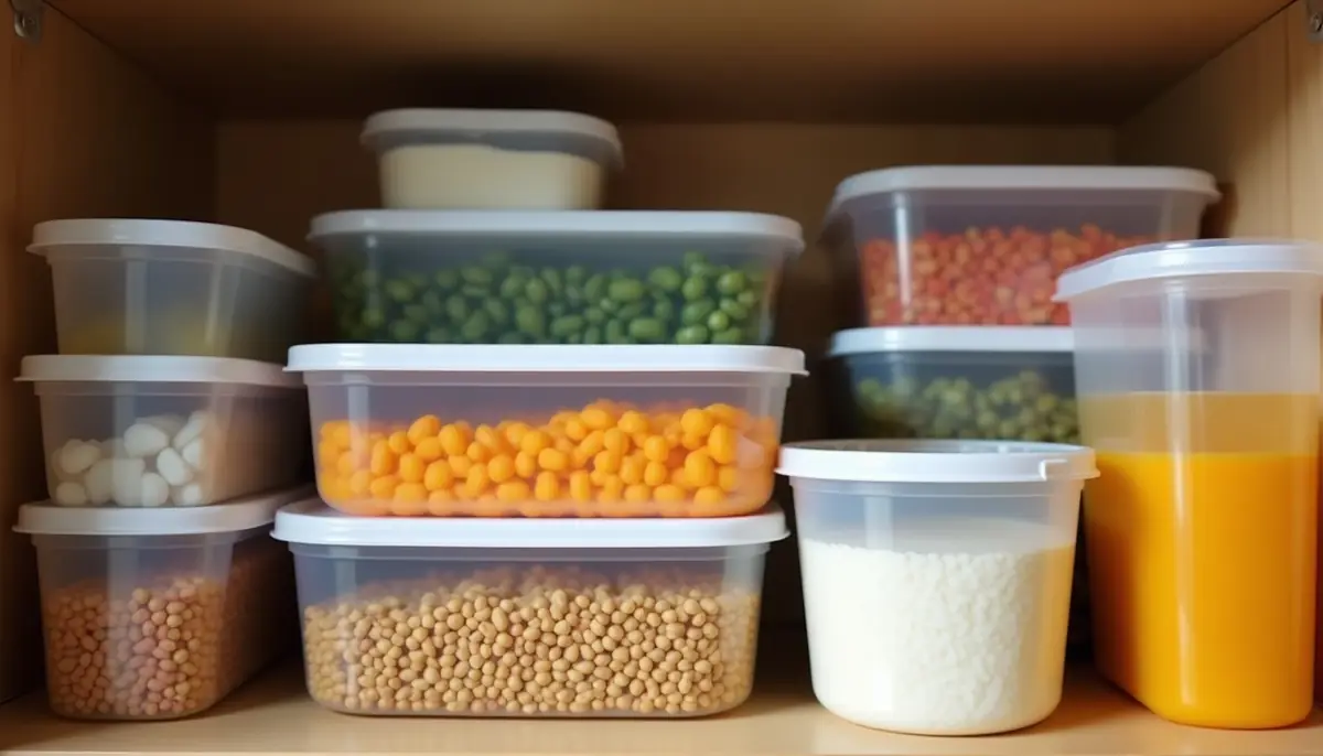 Sealed plastic food containers in a cupboard