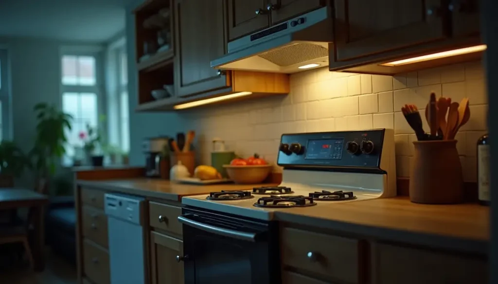 Kitchen stove and counter at night