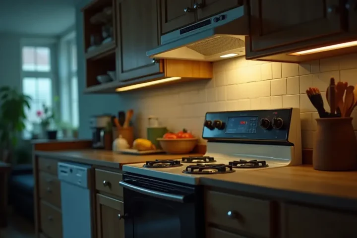 Kitchen stove and counter at night