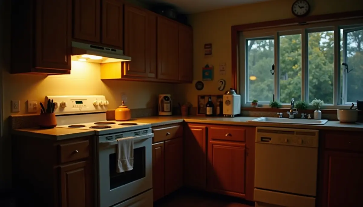 Warm kitchen at night with the oven light on