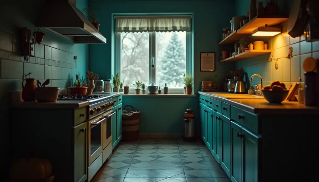 Kitchen at night in winter