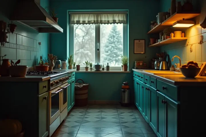 Kitchen at night in winter