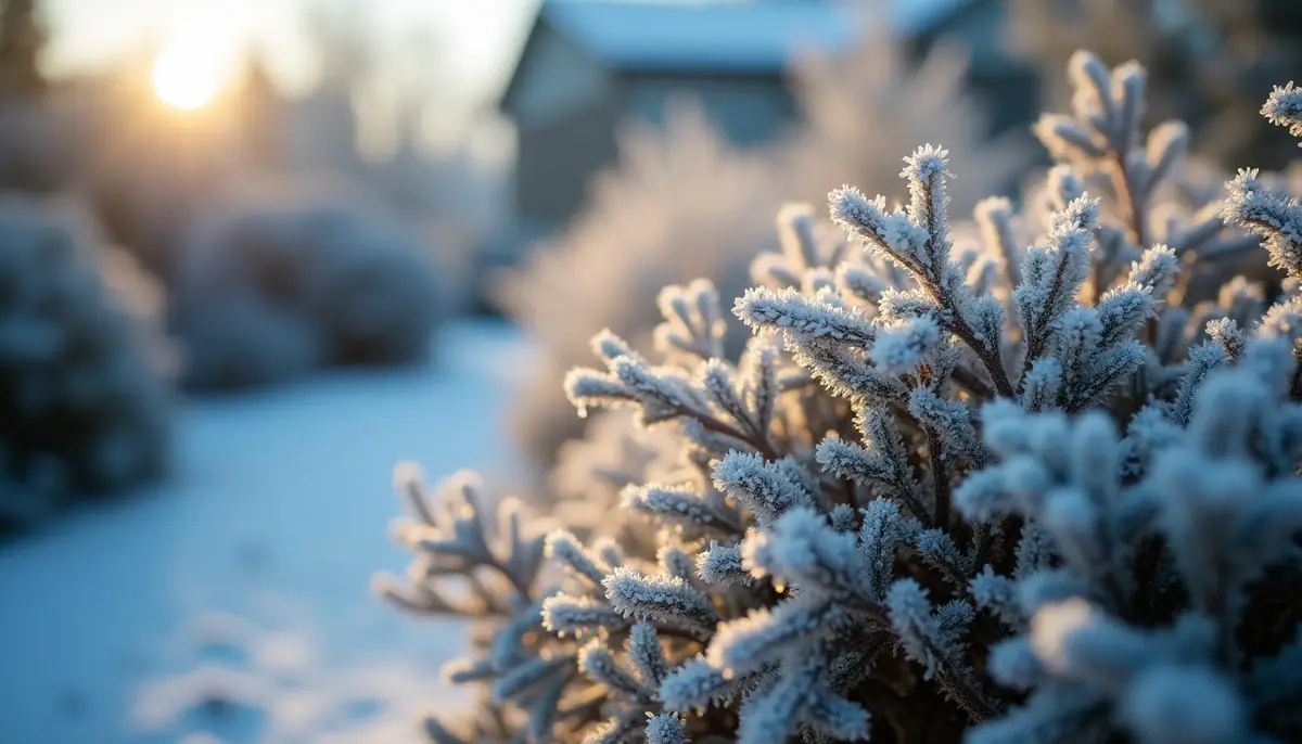 Frost on a garden shrub in early winter