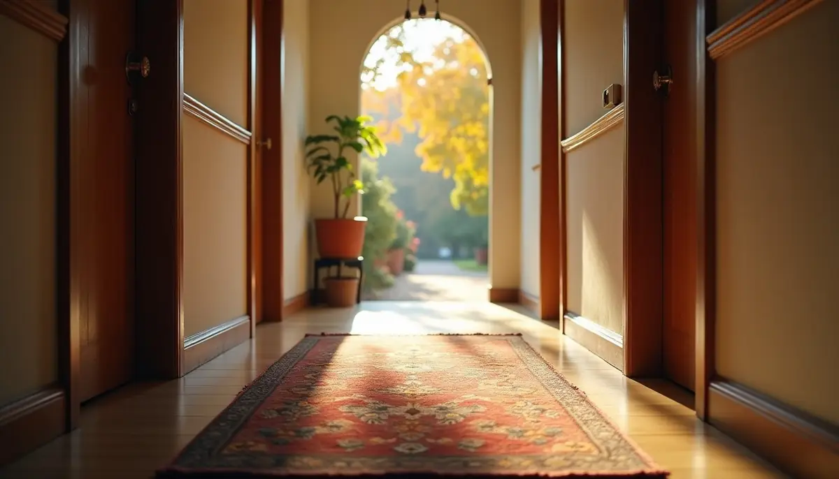 Hallway floor with a rug in autumn light