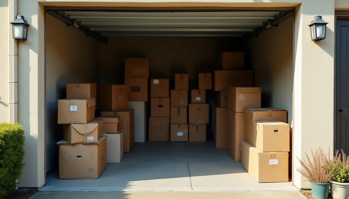 Corner of a garage with stored boxes