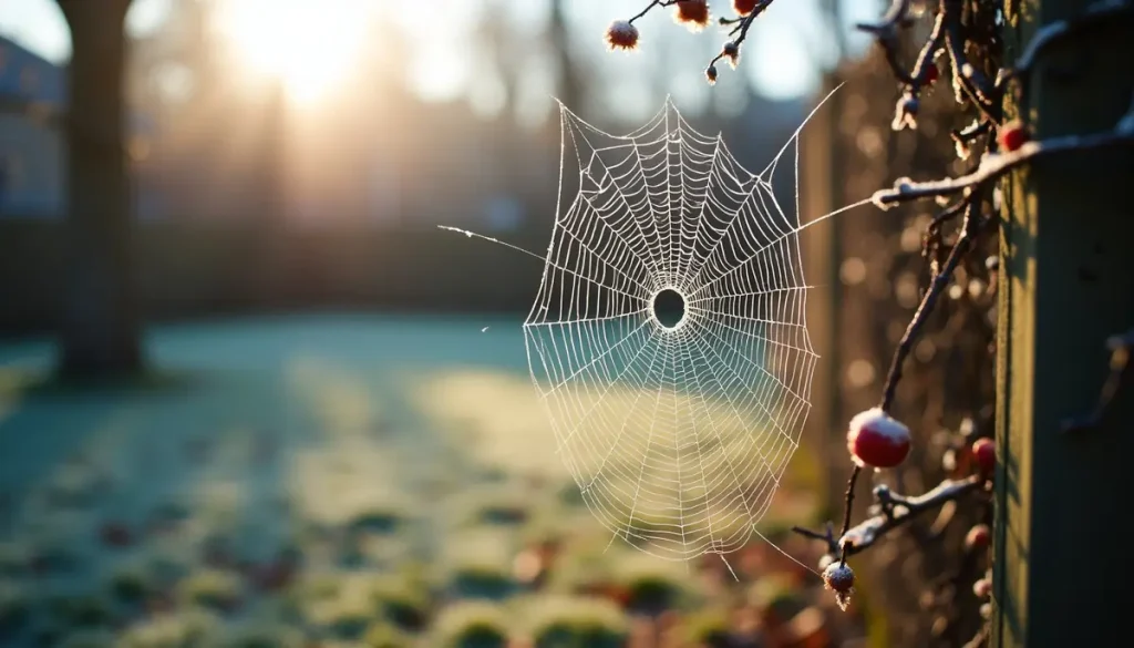 Garden in early frost with a web on a fence
