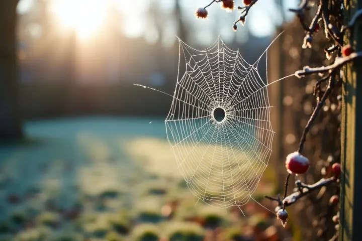 Garden in early frost with a web on a fence