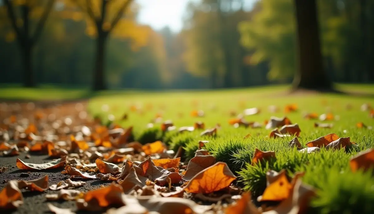 Leaf litter at the edge of a lawn and woodland