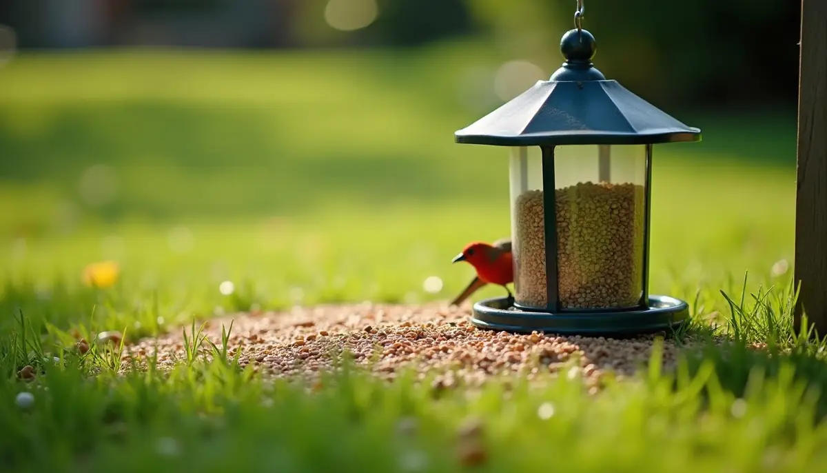 Bird feeder with spilled seed on the lawn