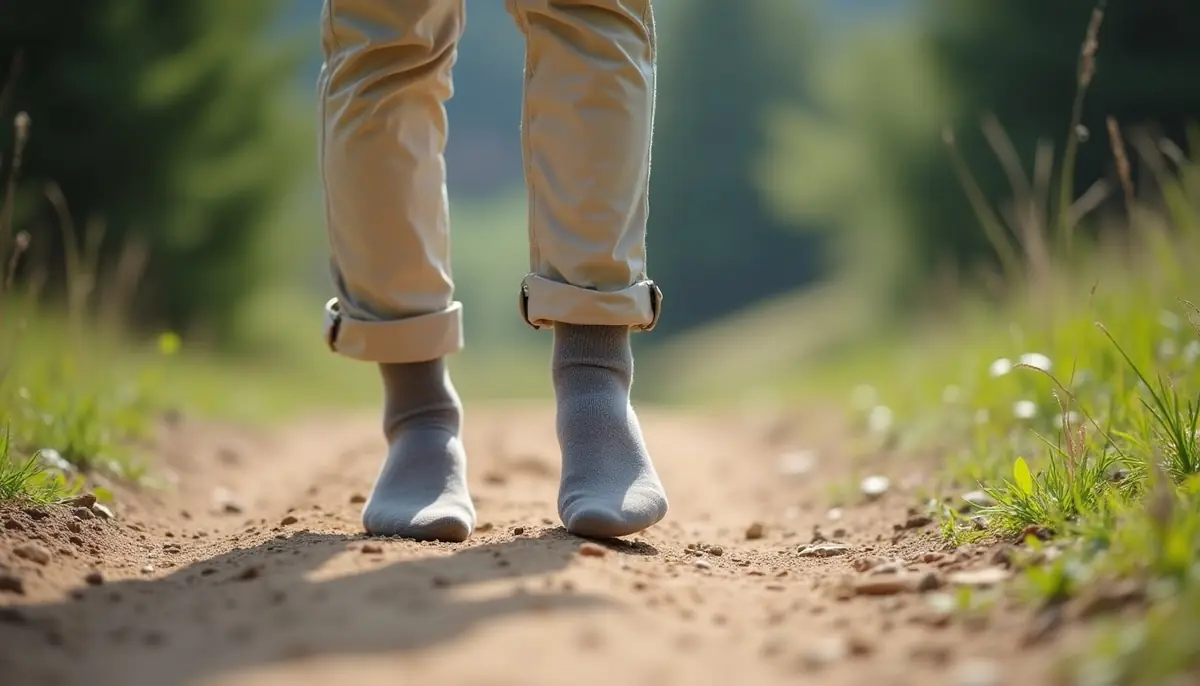 Light-coloured trousers tucked into socks on a trail