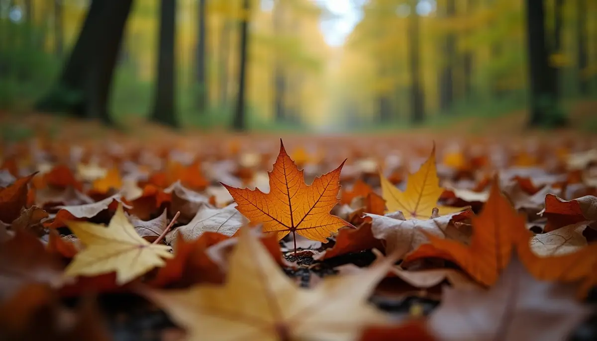 Leaf litter on a forest floor in autumn