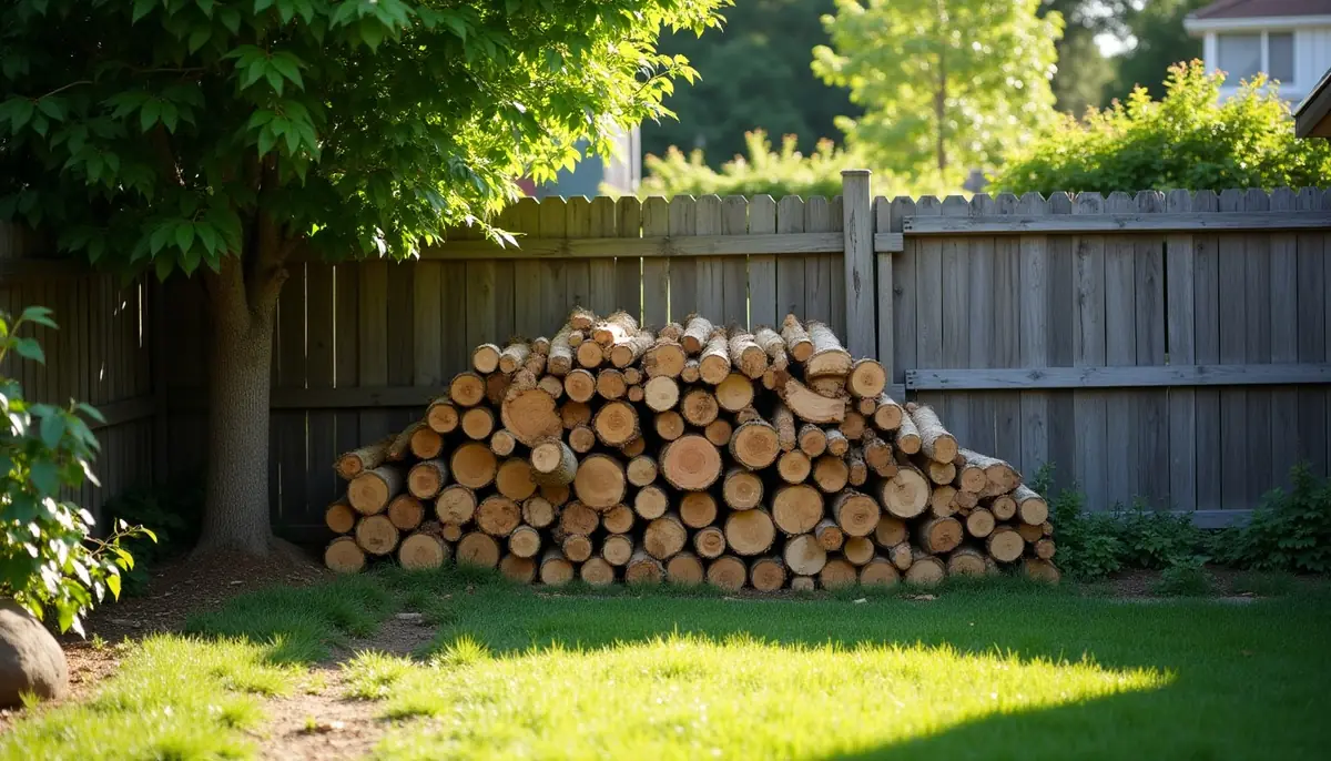 Woodpile beside a garden fence