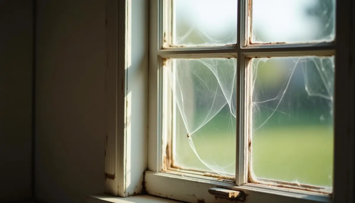 Window frame corner of a house with a cobweb