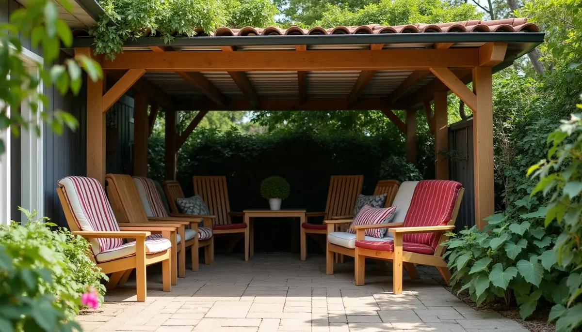 Garden furniture stacked under a carport