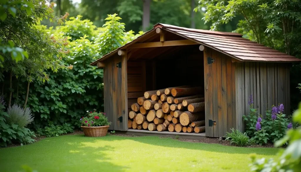 Shed corner and woodpile in a garden