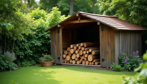 Shed corner and woodpile in a garden