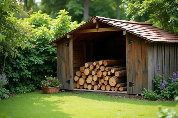 Shed corner and woodpile in a garden